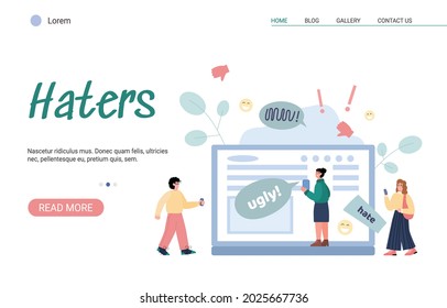 Site template with people facing aggression and bullying in internet. Haters and cyberbullying, virtual harassment website banner template, flat vector illustration.