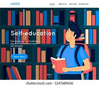 Site template, Self-education, reading, library. Web page design. Website and mobile development. Flat vector illustration in cartoon style.