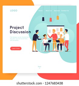 Site template, Teamwork, brainstorming, conference, concept discussion, meeting. Web page design. Website and mobile development. Flat vector illustration in cartoon style.