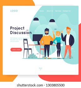 Site template, Teamwork, brainstorming, conference, concept discussion, meeting. Web page design. Website and mobile development. Flat vector illustration in cartoon style.