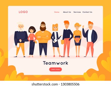 Site template, Teamwork, brainstorming, conference, concept discussion, meeting. Web page design. Website and mobile development. Flat vector illustration in cartoon style.