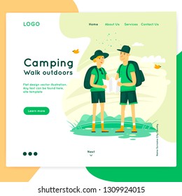 Site template. Web page design. Camping, nature walks, couple looking at the map.