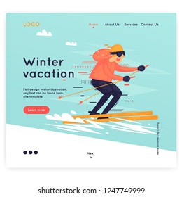 Site template, Winter, sports, holidays. Web page design. Website and mobile development. Flat vector illustration in cartoon style.