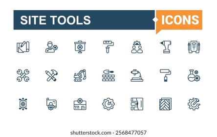 Site Tools Beauty linear icon collection. Contains such icons as screw, electricity, tool, Construction, build, screwdriver and more. Simple icon designs. Solid line editable stroke.