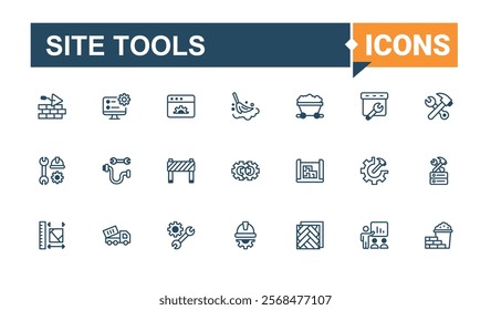 Site Tools Beauty linear icon collection. Contains such icons as screw, electricity, tool, Construction, build, screwdriver and more. Simple icon designs. Solid line editable stroke.