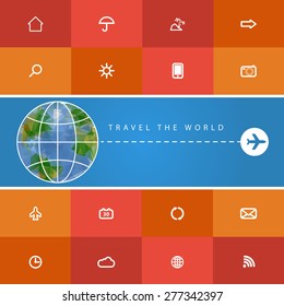 Site of travel agency. Flat design style modern vector illustration with globe and set of icons