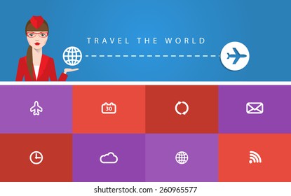 Site of travel agency. In the header Stewardess holding a globe on her palm