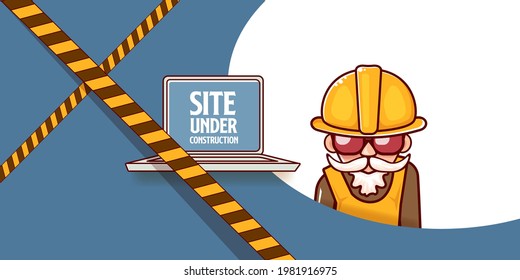 Site under construction blue web landing page design concept with funny worker and laptop. Site under construction funny background