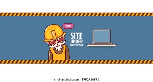 Site under construction blue web landing page design concept with funny worker and laptop. Site under construction funny background