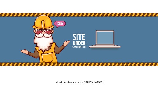 Site under construction blue web landing page design concept with funny worker and laptop. Site under construction funny background