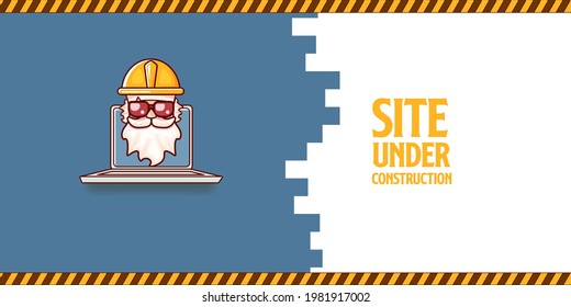 Sitio bajo construcción concepto de diseño de página web azul de aterrizaje con trabajadores y laptop divertidos. Lugar bajo construcción de fondo gracioso