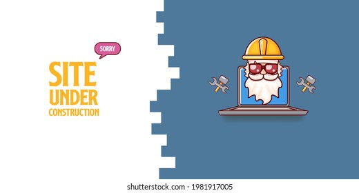 Sitio bajo construcción concepto de diseño de página web azul de aterrizaje con trabajadores y laptop divertidos. Lugar bajo construcción de fondo gracioso