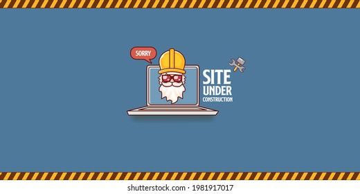Site under construction blue web landing page design concept with funny worker and laptop. Site under construction funny background