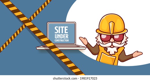 Site under construction blue web landing page design concept with funny worker and laptop. Site under construction funny background