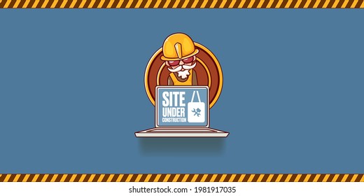 Site under construction blue web landing page design concept with funny worker and laptop. Site under construction funny background