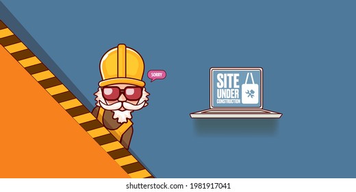 Site under construction blue web landing page design concept with funny worker and laptop. Site under construction funny background
