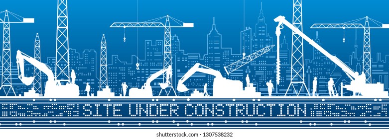 Site Under Construction illustration. Buildings panorama, industrial landscape, Constructional cranes and excavators, urban scene. Vector lines design art