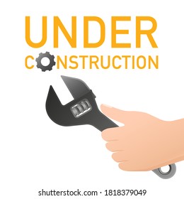 El sitio está en construcción con llave y mano para el diseño de pancartas. Bajo el concepto de construcción en forma plana. Ilustración vectorial.