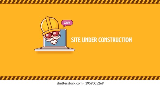 Site under construction orange web landing page design concept with funny worker and laptop. 