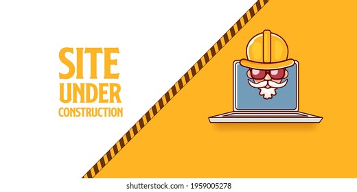 Site under construction orange web landing page design concept with funny worker and laptop. 