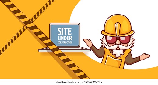 Site under construction orange web landing page design concept with funny worker and laptop. 
