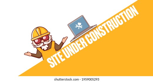 Site under construction orange web landing page design concept with funny worker and laptop. 