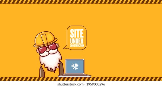 Site under construction orange web landing page design concept with funny worker and laptop. 