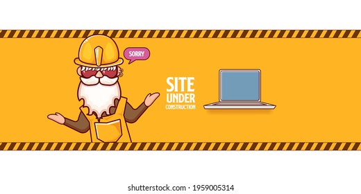 Site under construction orange web landing page design concept with funny worker and laptop. 