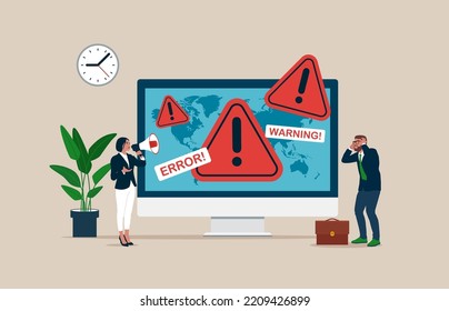 Site Under Construction with programmers at Huge Computer Monitor with Internet Problem Warning. System Work Error, 404 Maintenance Page Not Found. Vector illustration.