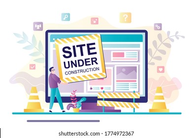 Site under construction- web page. Handsome man holds 404 error. Website not found. Repair work. Problems with internet connection on computer. Banner or web design. Trendy Vector illustration