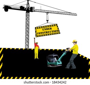 Site under construction with workers and hoisting crane
