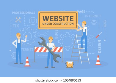 Site under construction. Workers in uniform on white.