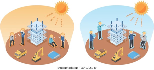 Site workers who are exhausted by the heat and another who look cool even in the blazing sun