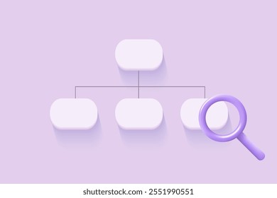 Sitemap 3D icon with magnifier. Flowchart UI UX. Vector illustration. Architecture site concept. SEO optimization. Perfect for web and app interfaces, infographics.