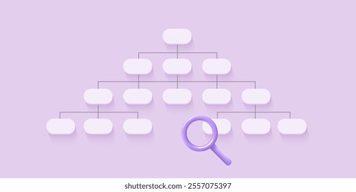 Sitemap 3D icon with magnifier. Flowchart UI UX. Vector illustration. Architecture site concept. SEO optimization. Perfect for web and app interfaces, infographics.