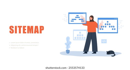 Sitemap concept. Arab Female Developer creation Strategy. Website SEO management. UX designer workflow. Vector illustration.