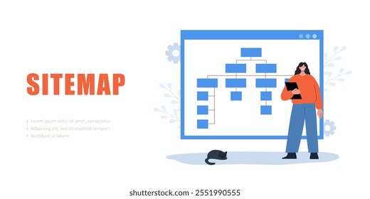 Conceito de mapa do site. Estratégia de criação de desenvolvedor feminino. Gerenciamento de SEO do site. Fluxo de trabalho do designer de UX. Ilustração vetorial.