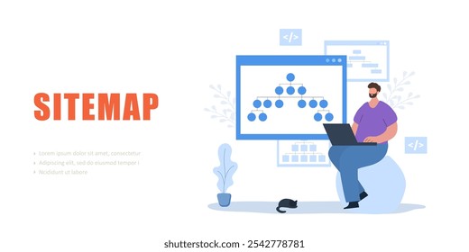 Conceito de mapa do site. Modelo de página de aterrissagem. Ferramenta de criação de site. Desenvolvedor masculino com laptop. Software on-line e estrutura de página da Web. Ilustração vetorial.