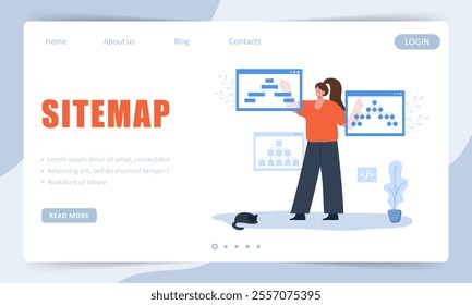 Sitemap concept. Landing page template. Website navigation for the user. Female Developer creation Strategy. UX designer workflow. Vector illustration.