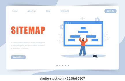 Sitemap concept. Landing page template. Website navigation for the user. Arab Female Developer creation Strategy. UX designer workflow. Vector illustration.