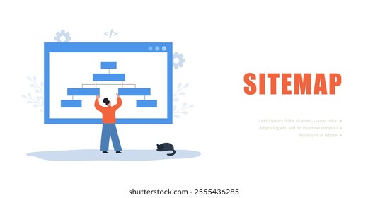 Sitemap Creation concept. Female Developer optimization site structure. Website navigation for the user. Vector illustration.