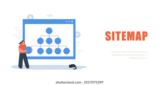 Sitemap Creation concept. Female Developer optimization site structure. Website navigation for the user. Vector illustration.