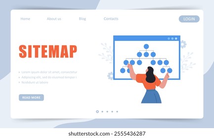 Sitemap Creation concept. Landing page template. Website SEO management. Female Developer organizes site structure. Vector illustration.