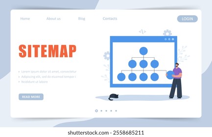 Sitemap Creation concept. Landing page template. Website SEO management. Male Developer organizes site structure. Vector illustration.