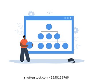 Conceito de criação de mapa de site. Navegação do site para o usuário. Estratégia de criação de mulheres africanas. Processo de Workflow. Fluxograma UX de IU. Ilustração vetorial em estilo de desenho animado plano.