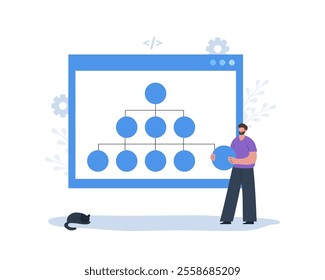 Sitemap Creation concept. Website navigation for the user. Male Developer creation Strategy. Workflow Process. Flowchart UI UX. Vector illustration in flat cartoon style.