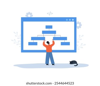 Conceito de criação de mapa de site. Gerenciamento de SEO do site. Female Developer organiza a estrutura do site. Otimização de pesquisa. Fluxograma UX de IU. Ilustração vetorial em estilo de desenho animado plano.