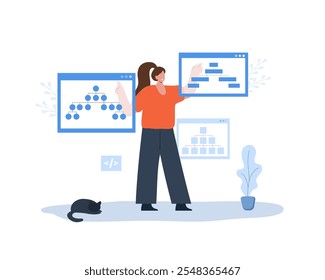 Conceito de criação de mapa de site. Gerenciamento de SEO do site. Female Developer organiza a estrutura do site. Otimização de pesquisa. Fluxograma UX de IU. Ilustração vetorial em estilo de desenho animado plano.