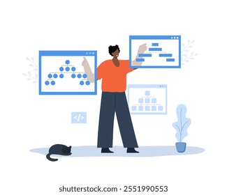 Sitemap Creation concept. Website SEO management. African Female Developer organizes site structure. Search optimization. Flowchart UI UX. Vector illustration in flat cartoon style.