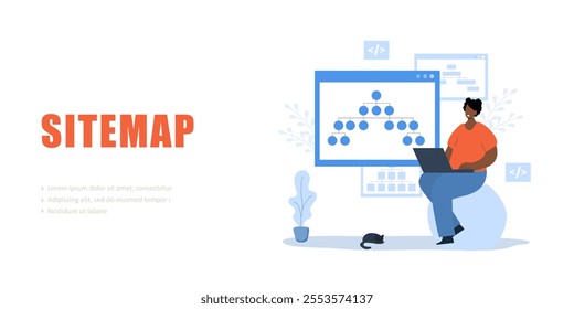 Sitemap creation concept. Website creation tool. SEO optimization. African Female developer with laptop. Vector illustration.